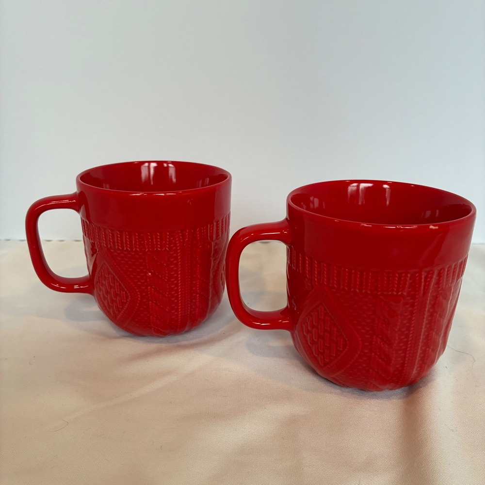 2 Cable Knit Sweater Pattern Stoneware Mugs Xmas Holiday Winter Hygge Farmhouse